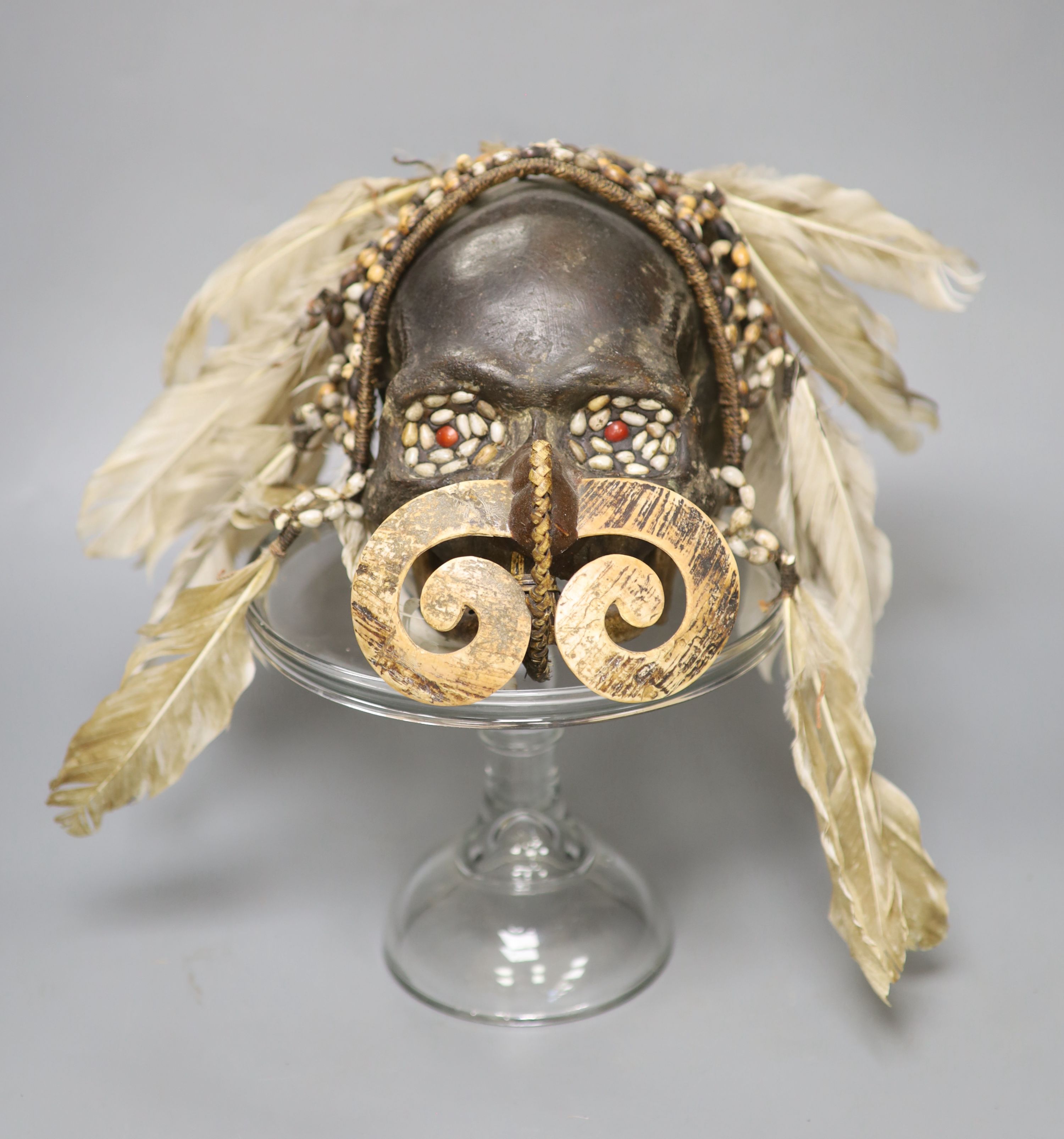 An Asmat ancestral skull, with beaded eyes and feather head-dress, on glass stand